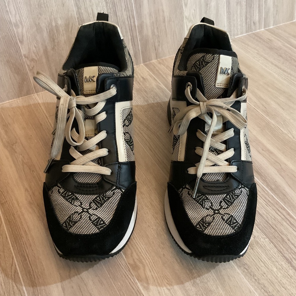 Michael Kors Georgie Trainer Sneakers Black Cream‎ MK Logo Wedge Womens 8.5M